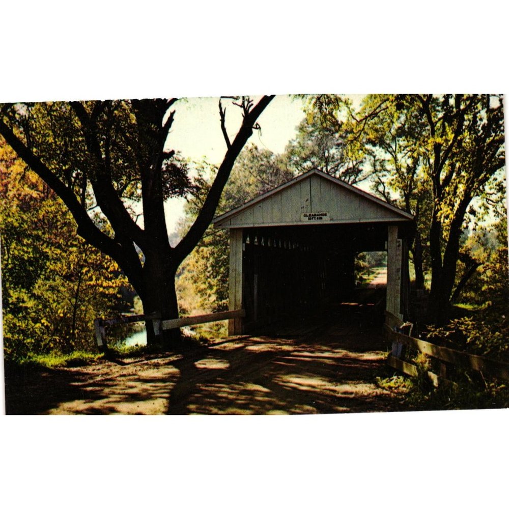 Vintage Austinburg Ohio Postcard Covered Bridge Dirt Road Wooden Bridge